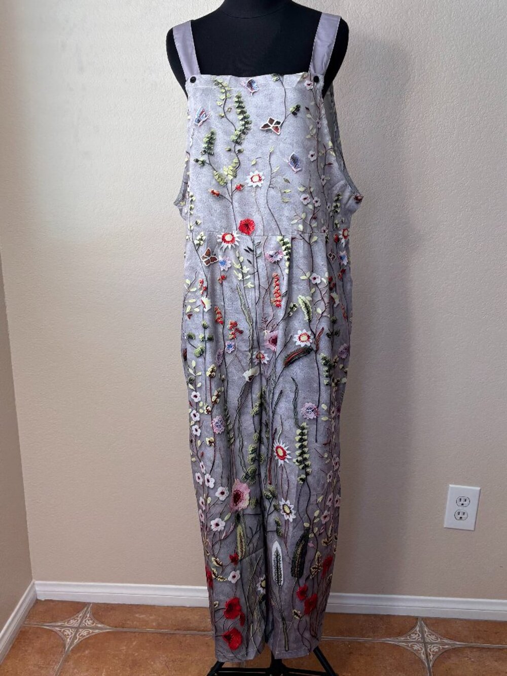 Floral Wide Leg Jumpsuit Womens M Gray Botanical Print Loose Fit Pockets